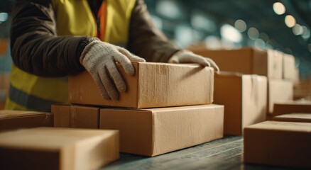 Worker organizing cardboard boxes in a busy warehouse environment with high efficiency