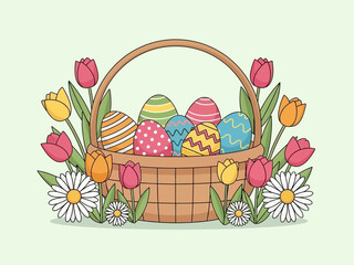 Fototapeta premium Easter Basket with Decorated Eggs and Spring Flowers.