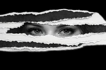 Revealing Gaze: Eyes Peeking Through Torn Paper in Striking Black and White