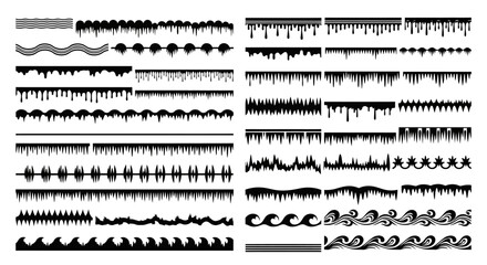 Collection of various black and white decorative elements and icons for design and illustration purposes in vector format viewed from a straightforward perspective