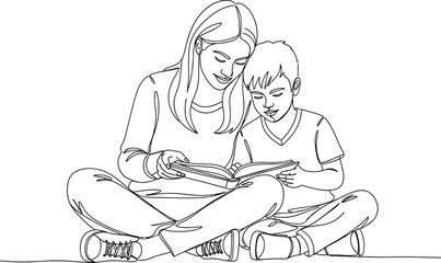 Minimal line art mother reading book with child, family bonding and education concept illustration for parenting, learning, love, and home lifestyle design themes