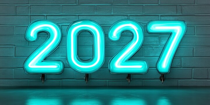 Cyan Neon Countdown Clock Displaying Year Twenty Twenty-Seven with Celebration Calendar Design