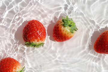 Fresh red strawberries floating in clear water with sunlight shadows.