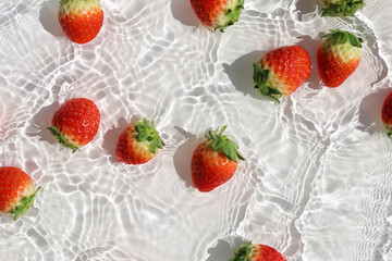 Fresh red strawberries floating in clear water with sunlight shadows.