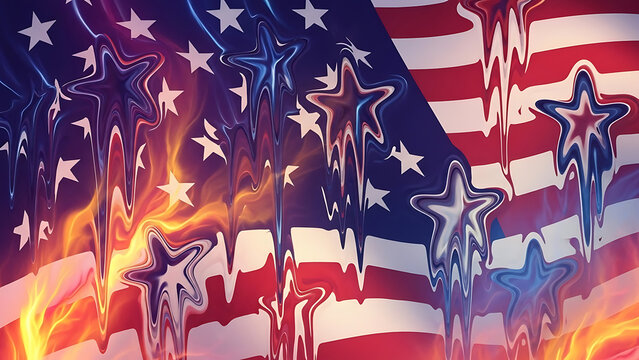 Distorted American Flag with Fiery Stars and Wavy Effect.