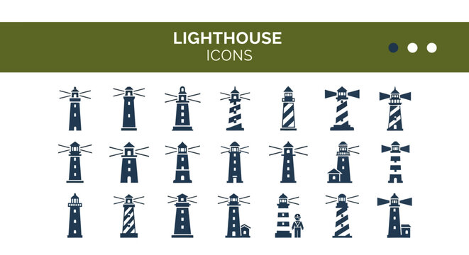 A set of lighthouse icons in various designs displayed on a clean background