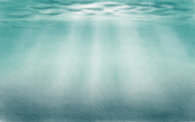 Sunlight rays piercing through ocean waves,viewed from below the surface.Illusustration in soft turquoise watercolor with fluid washes,light texture.For marine themes,calming backgrounds,coastal