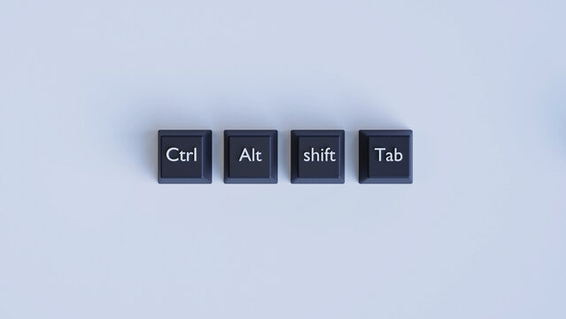 3D Rendered Keyboard Shortcut Keys Ctrl, Alt, Shift, Tab on Dark Gray Buttons, Computer Input Concept Illustration