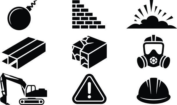Black and white construction and safety icons illustrate various industrial processes and protective gear elements