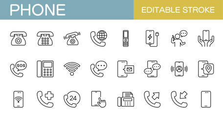 携帯電話や固定電話、FAX、電話をかけることに関するラインアイコンセット（線幅変更可能） © Rico