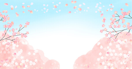  桜の手書き水彩イラスト、背景やバナー用　Hand-drawn watercolor illustration of cherry blossoms, for backgrounds and banners