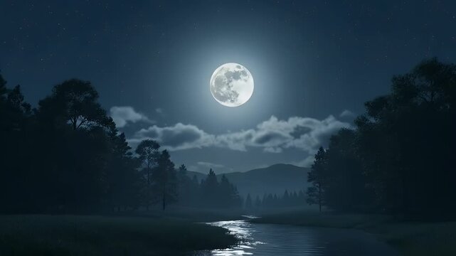 A breathtaking nocturnal panorama unfolds under the soft glow of a luminous full moon, casting a silvery sheen across a tranquil winding river. Dark, silhouetted trees frame the lush banks, leading th