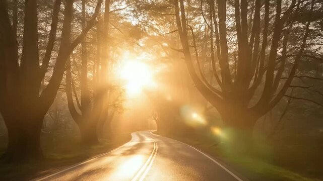 A breathtaking scenic view captures a winding road cutting through a dense, mystical forest as the golden sun dramatically breaks through the misty canopy. Stunning sunbeams create an ethereal glow, i