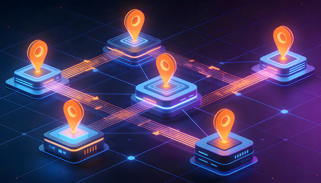 Futuristic Network of Connected Locations: A Neon Lit Isometric View of Digital Connectivity, Navigation and Geolocation Technology for Modern Applications