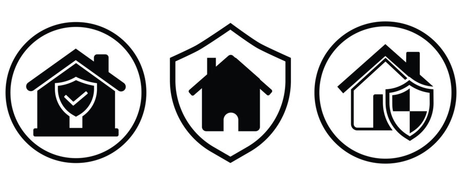 Set of Home Insurance and Property Security Icons Featuring House Silhouettes with Shield Symbols for Residential Protection, Mortgage Safety, and Real Estate Coverage.