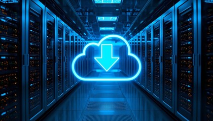 Fototapeta premium A large cloud icon with a download arrow is illuminated in a dark server room with rows of computer servers.