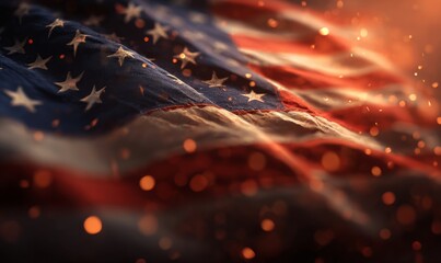 Majestic American Flag Waves Against a Glowing Sunset Backdrop
