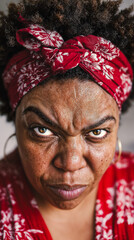 Close-up portrait of mature Black woman with intense gaze and headscarf