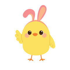 Chick wearing bunny ears. Funny Easter chicken character. Flat vector illustration isolated on white background.