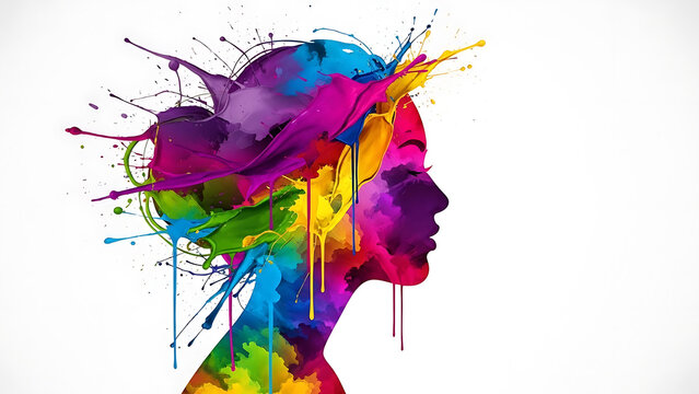 Vibrant Abstract Portrait of a Womans Head Exploding with Colorful Paint Splatters.