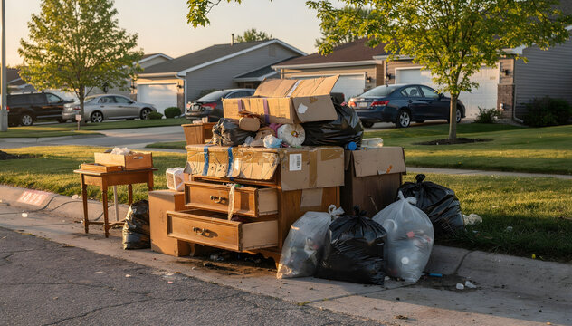 Curb Appeal Chaos: Discarded Possessions Piled High on the Street in a Suburban Neighborhood at Sunset Creates Visual of Overconsumption and Waste Management Crisis