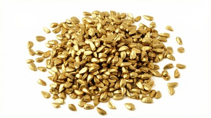 Pile of small golden seeds or beads scattered on white background in top view