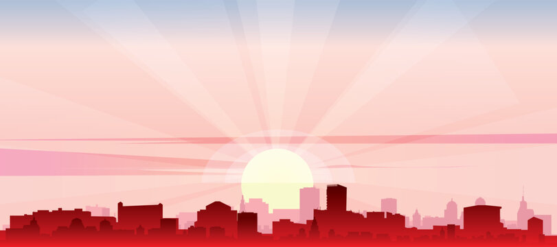 Red panoramic poster of the city skyline with misty background buildings, sunrise, moon and clouds of ZAGREB, CROATIA