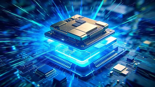 Electronic circuit board chips with red and purple lighting