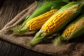 Fresh Corn Ears with Partially Peeled Husks Revealing Bright Yellow Kernels