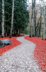 Autumn Forest Path with Red Leaves and Cobblestones