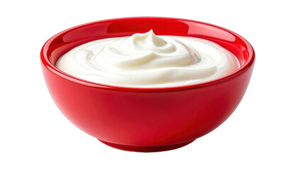 A vibrant red bowl filled with creamy yogurt, captured from a straightforward viewpoint.