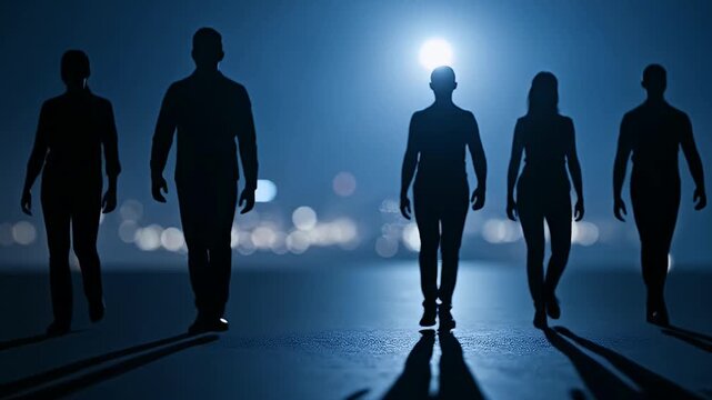 A group of five anonymous individuals are seen in silhouette, walking purposefully towards the viewer against a dramatic dark blue night sky with distant blurred city lights and a bright, ethereal lig