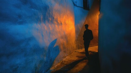 Fototapeta premium A faceless person walking through a narrow alleyway. Dynamic flow of a night run in the park. Speed, tension, and visual excitement.