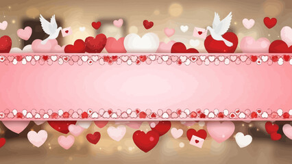 Romantic Valentine's Day banner with hearts, doves, and copy space background.