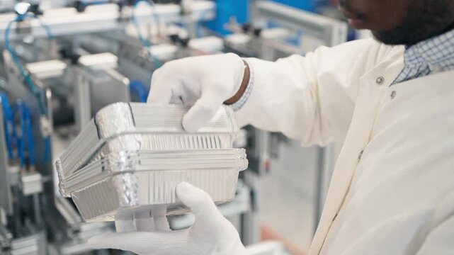 Close up African American male worker in protective gloves holding two aluminum containers. Checking product design and edges during inspection process. Industrial packaging line in modern factory.
