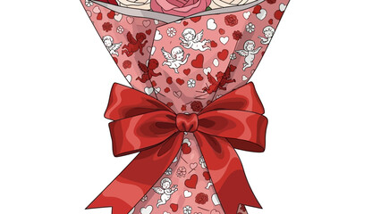 Bouquet of roses with cupid and heart motif wrapping and red bow
