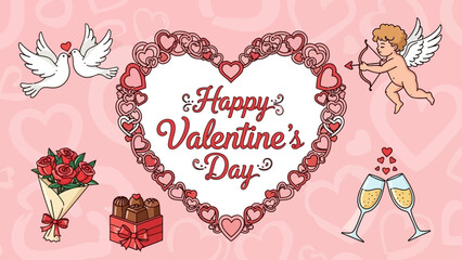 Happy Valentine's Day romantic celebration design with doves, cupid, roses, chocolates, and