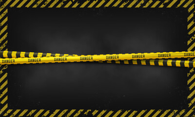 Danger tape background. Yellow and black warning barrier with caution stripes on dark smoky backdrop. Police line or hazard zone concept. Vector illustration.