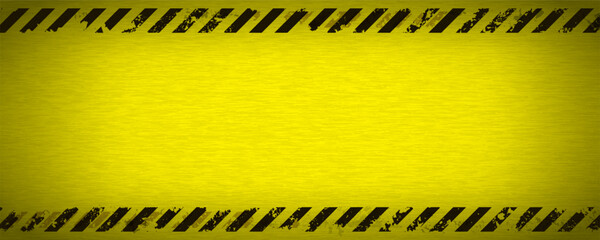 Industrial warning background with yellow and black stripes. Grunge caution tape frame on metal texture. Vector illustration.