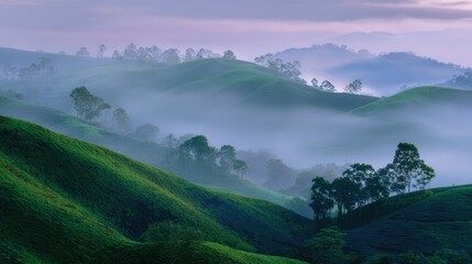 Obraz premium A peaceful plantation landscape appears with soft fog and gentle light. Slow living and rural calm.