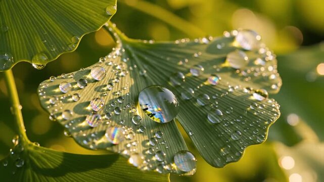 Glistening Ginkgo Biloba Leaf with Shimmering Dew Drops and Rainbow Refractions in Golden Sunlight