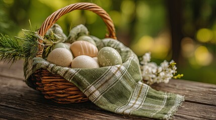 Easter painted eggs in a wicker basket on a wooden table