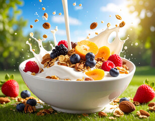 Schale Müsli mit Nüssen, Früchten und spritzender Milch auf Rasen