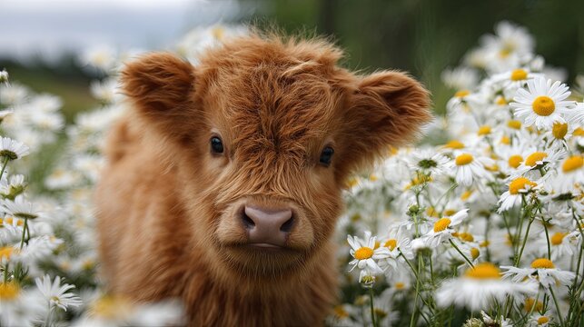 
A small highland cow stands among blooming flowers, representing the Scottish rural breed of cattle