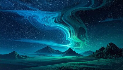 Jagged mountains under glowing aurora sky with starry night and surreal terrain