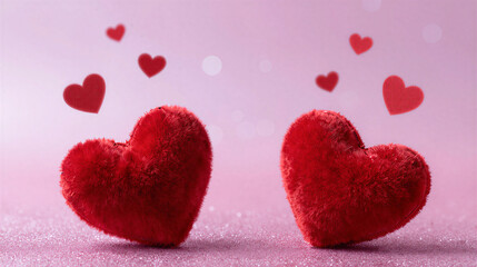 Valentine's Day background with two red hearts on pink glitter