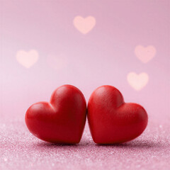 Two Red Hearts On Glittery Pink Background