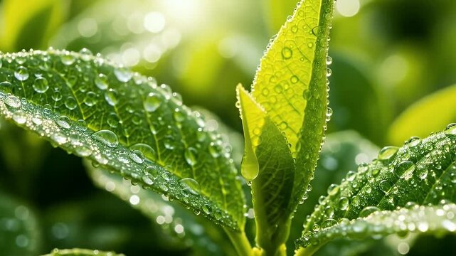 A serene and refreshing close-up shot captures vibrant green plant leaves glistening with an abundance of natural water droplets, illuminated by soft, natural sunlight filtering through the lush folia