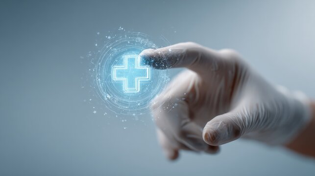 Doctor hand wearing a medical glove interacting with a glowing digital cross symbol, representing healthcare innovation, technology, and futuristic medical assistance on a virtual interface - Powered by Adobe