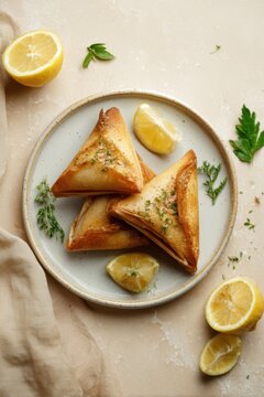 A Tunisian brik pastry is filled with egg and tuna, baked to a golden crisp. Traditional cuisine and appetizing street food charm.